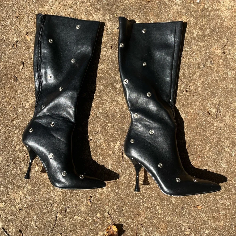 Black Studded Knee-High Boots - like new. 7 - Picture 1 of 7